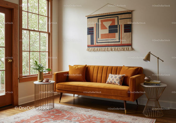 Cozy living room with mustard velvet sofa and natural light