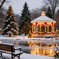 Snowy park gazebo decorated with festive Christmas lights