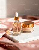 Luxury face serum and cream on marble with silk fabric