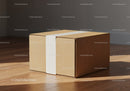 Closed cardboard box with white tape on wooden floor