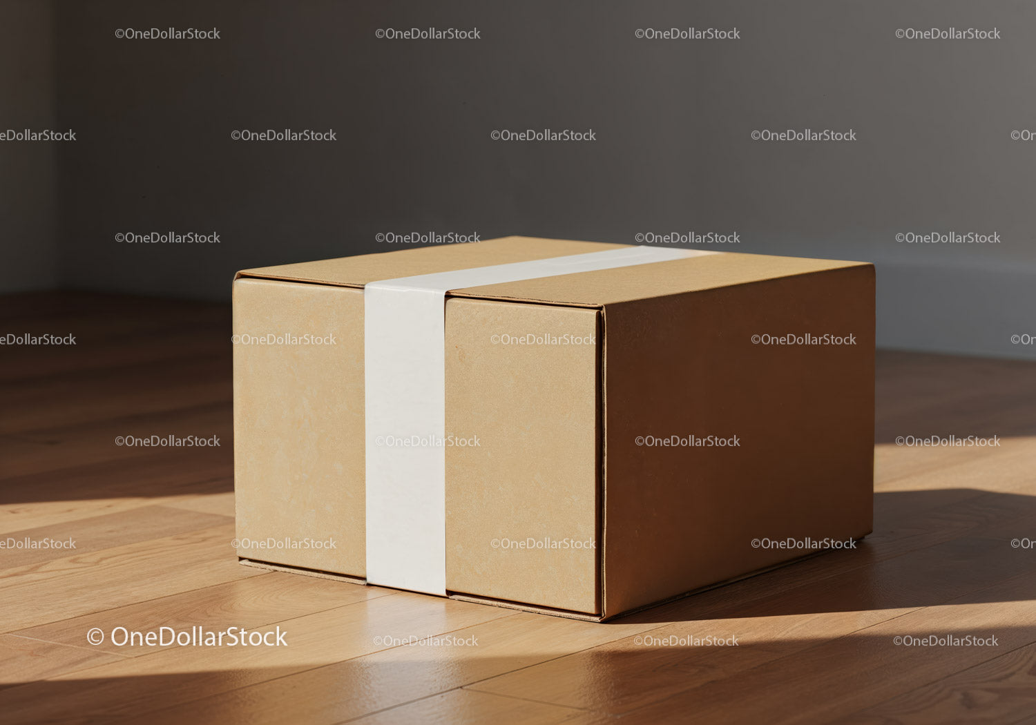 Closed cardboard box with white tape on wooden floor