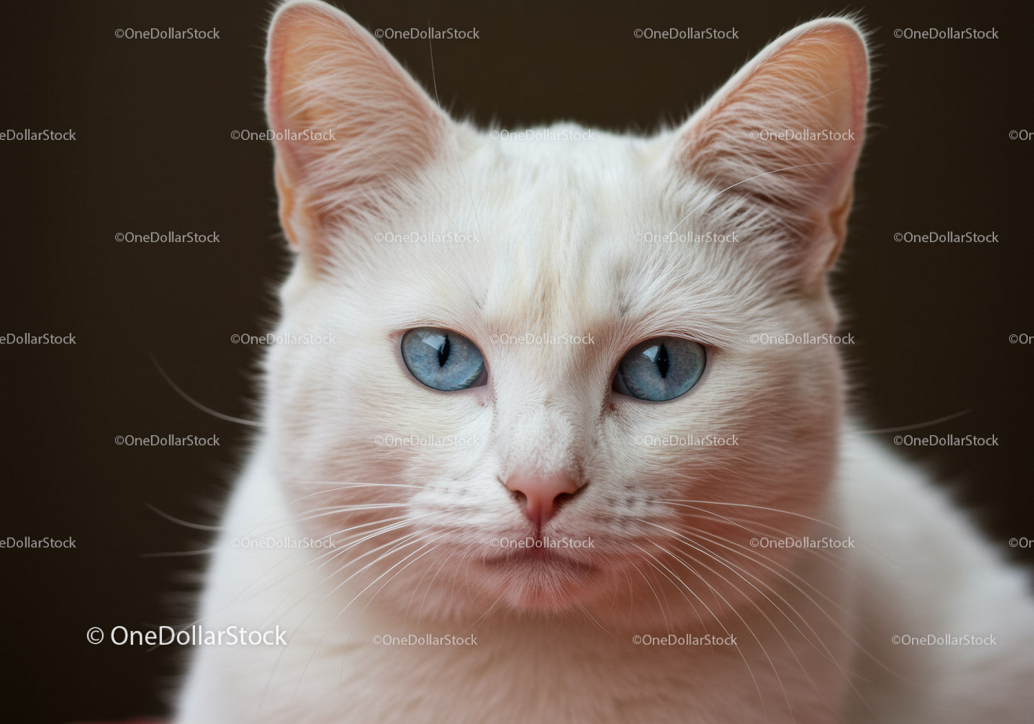 Close up portrait of white cat with striking blue eyes