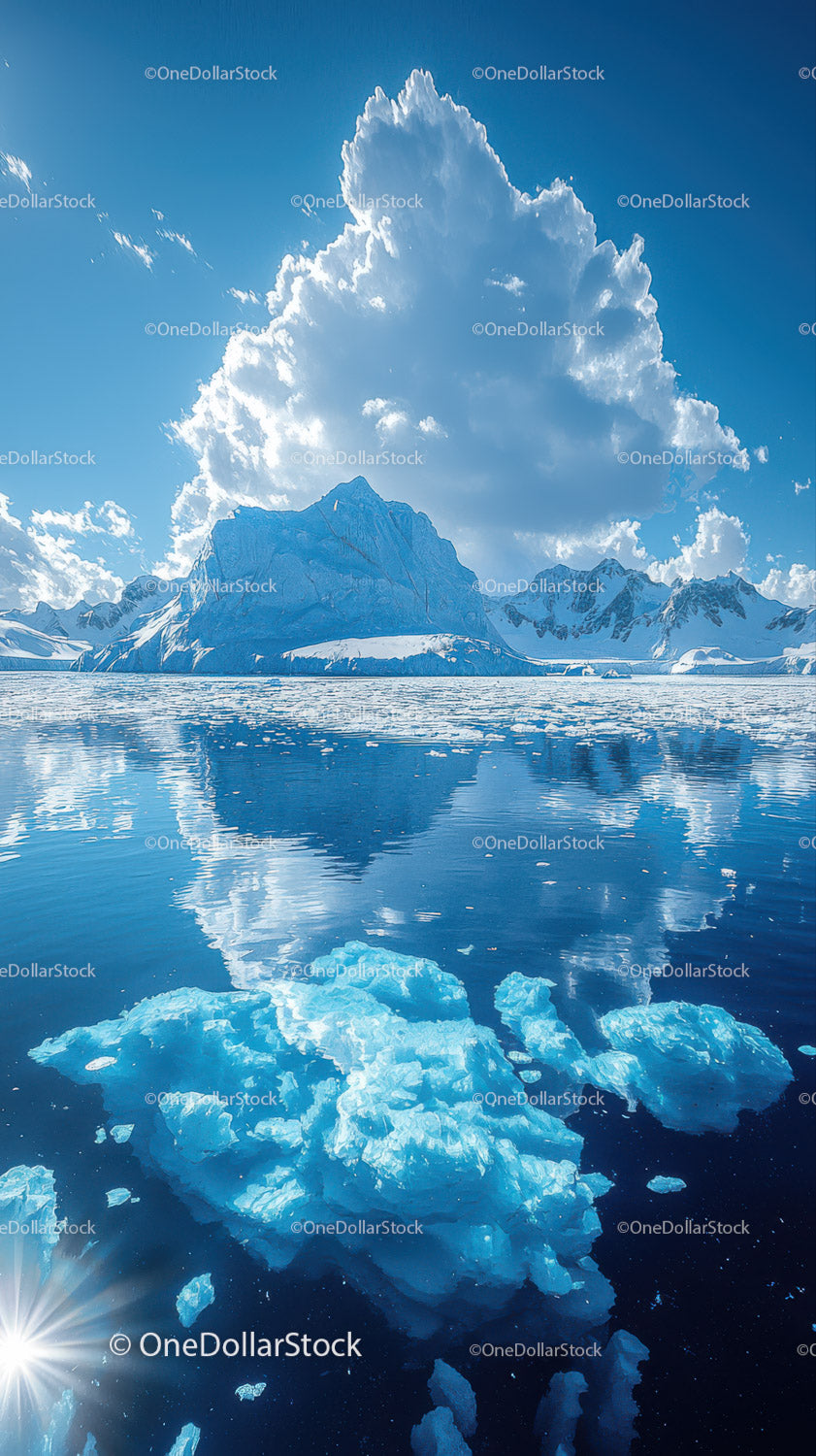 Majestic Polar Glacier and Icebergs with Mountain Reflection