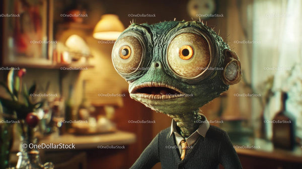 Green Lizard Creature With Large Eyes And Suit