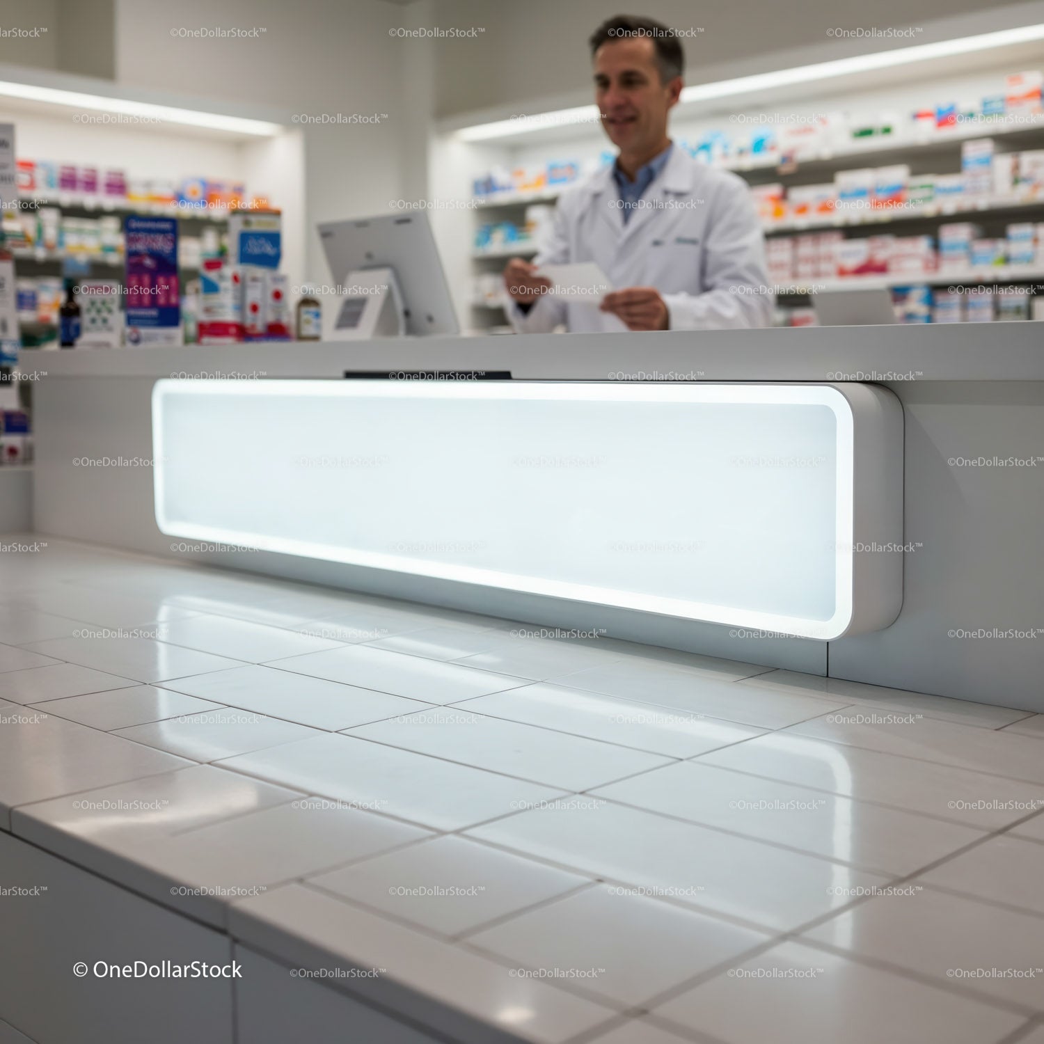 Farmaceuta realizujący recepty przy nowoczesnym ladzie