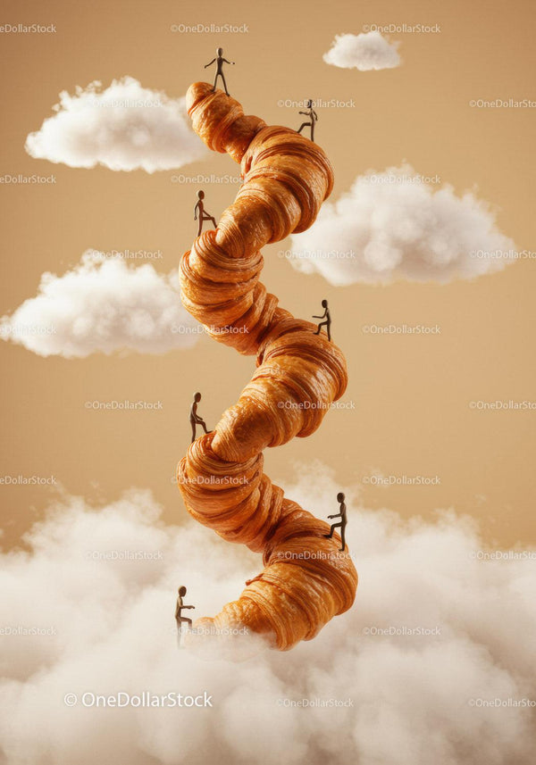 Tiny figures climbing spiraled croissant in cloudy sky