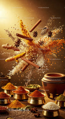 Assorted Indian spices and herbs with flying ingredients