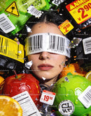 Woman surrounded by labeled fruits and barcode eye mask