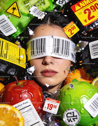 Woman surrounded by labeled fruits and barcode eye mask
