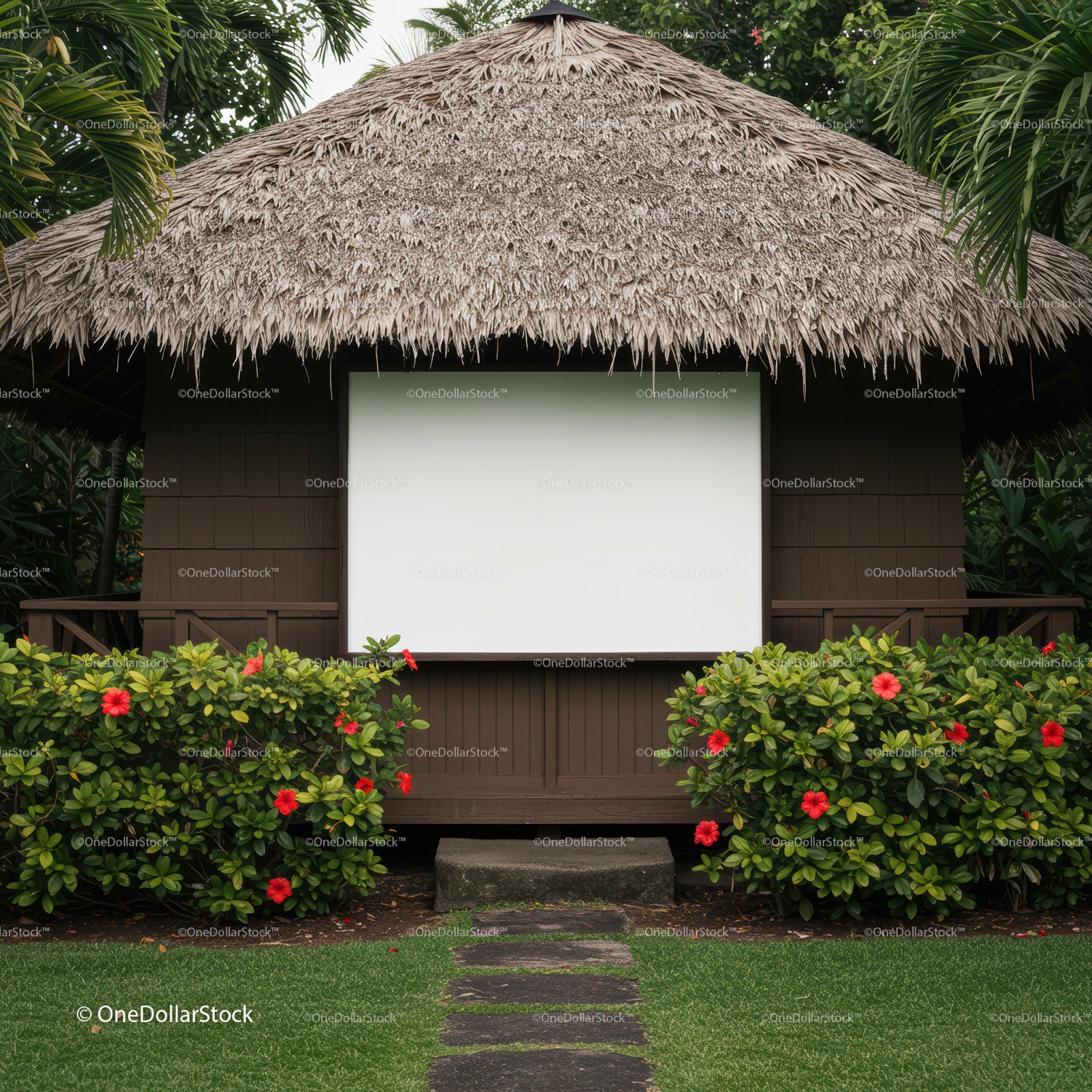 Tropical outdoor hut with blank screen and lush garden