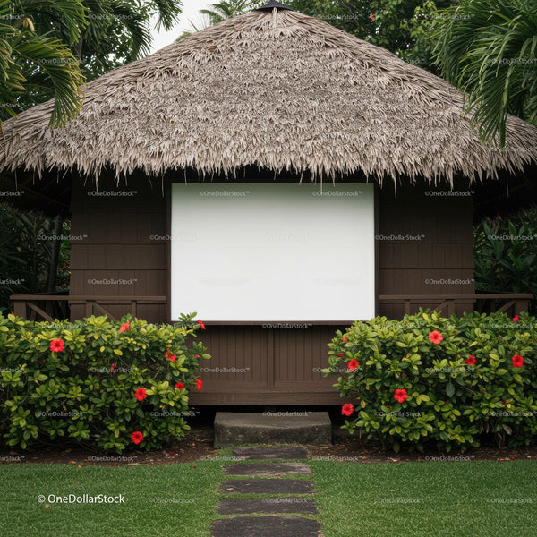 Tropical outdoor hut with blank screen and lush garden JPG Mockup Image