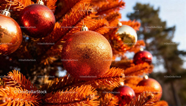 Close-up of Orange Pine Branches with Shiny Ornaments