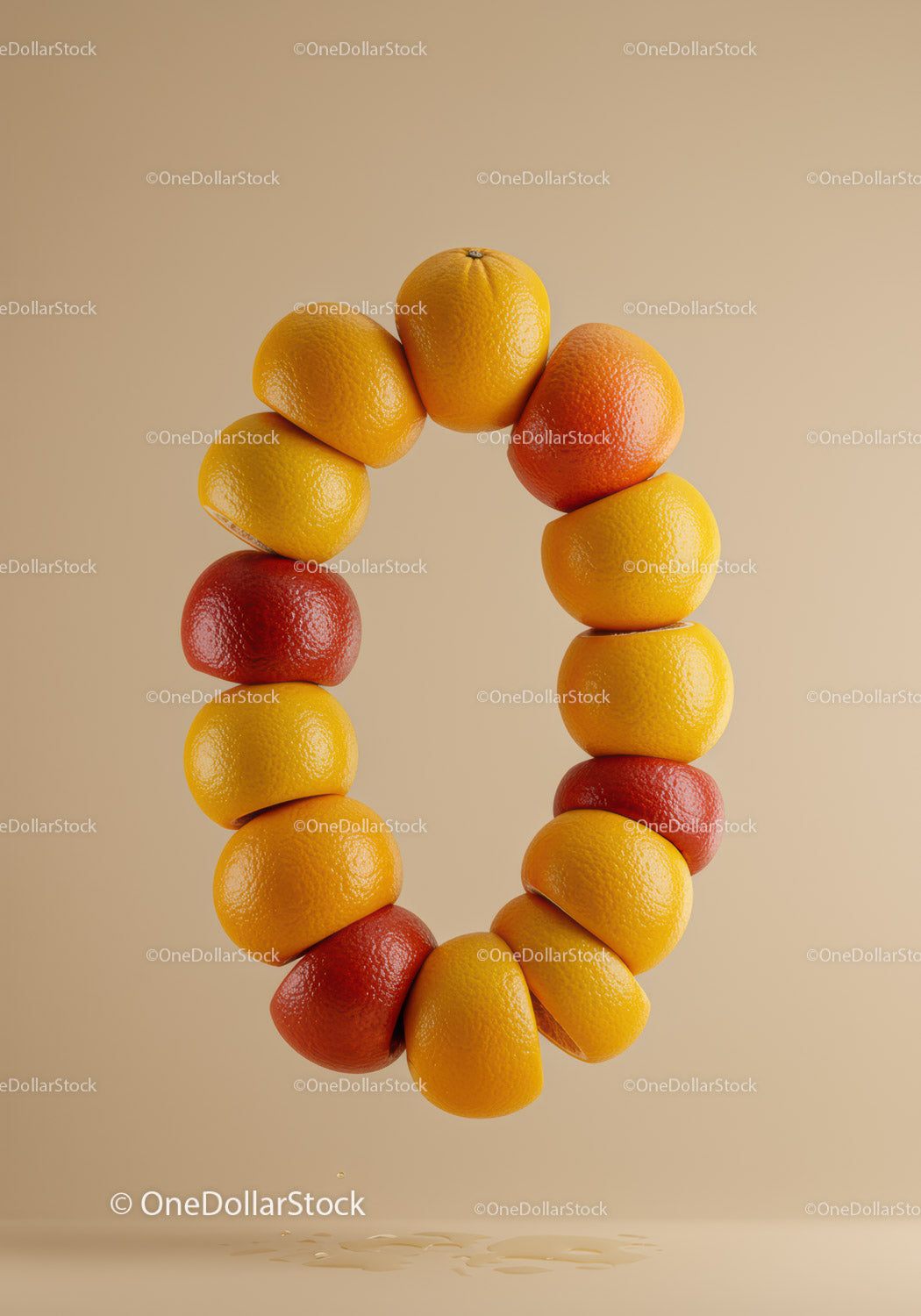 Circular arrangement of halved citrus fruits floating