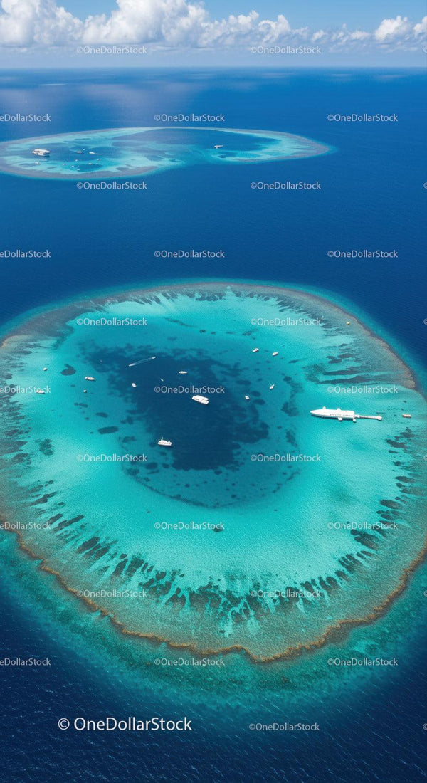 Tropical Coral Reef Island with Boats and Clear Blue Ocean