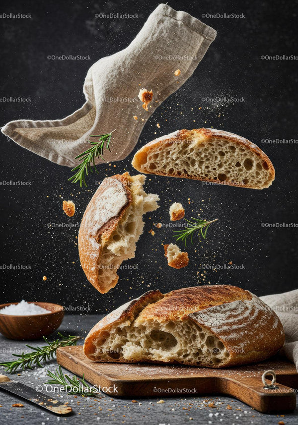 Freshly Baked Artisan Bread with Floating Crumbs and Herbs