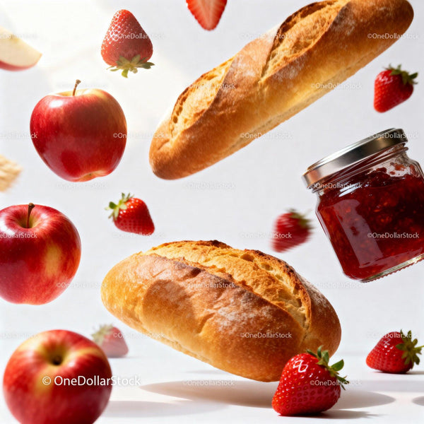 Fresh Fruit and Bread with Jam Floating in Light
