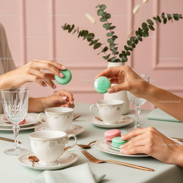 Elegant Tea Party with Macarons and Fine Tableware in Soft Pastel Tones