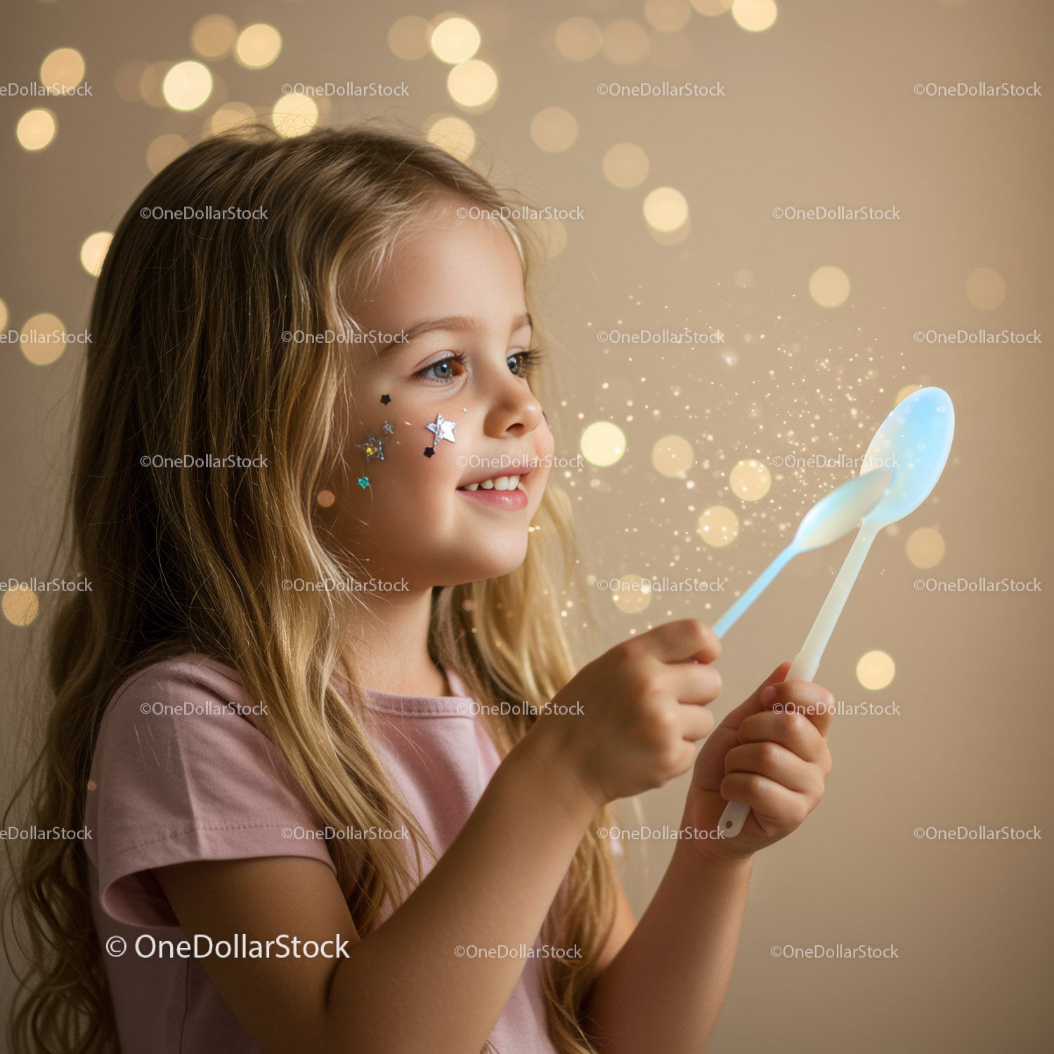 Little girl creating magical light with spoons