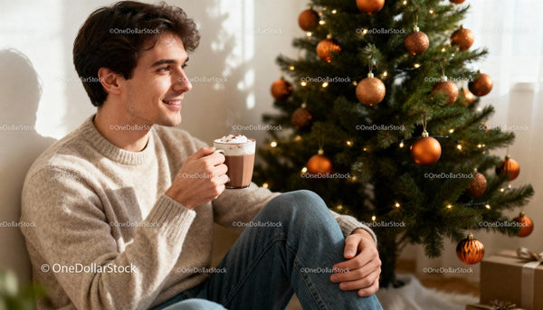 Young man enjoying hot cocoa by decorated Christmas tree