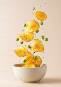 Crispy Potato Chips and Green Peas Falling into Bowl
