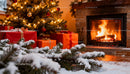 Cozy Christmas Setting With Snowy Pine and Warm Fireplace