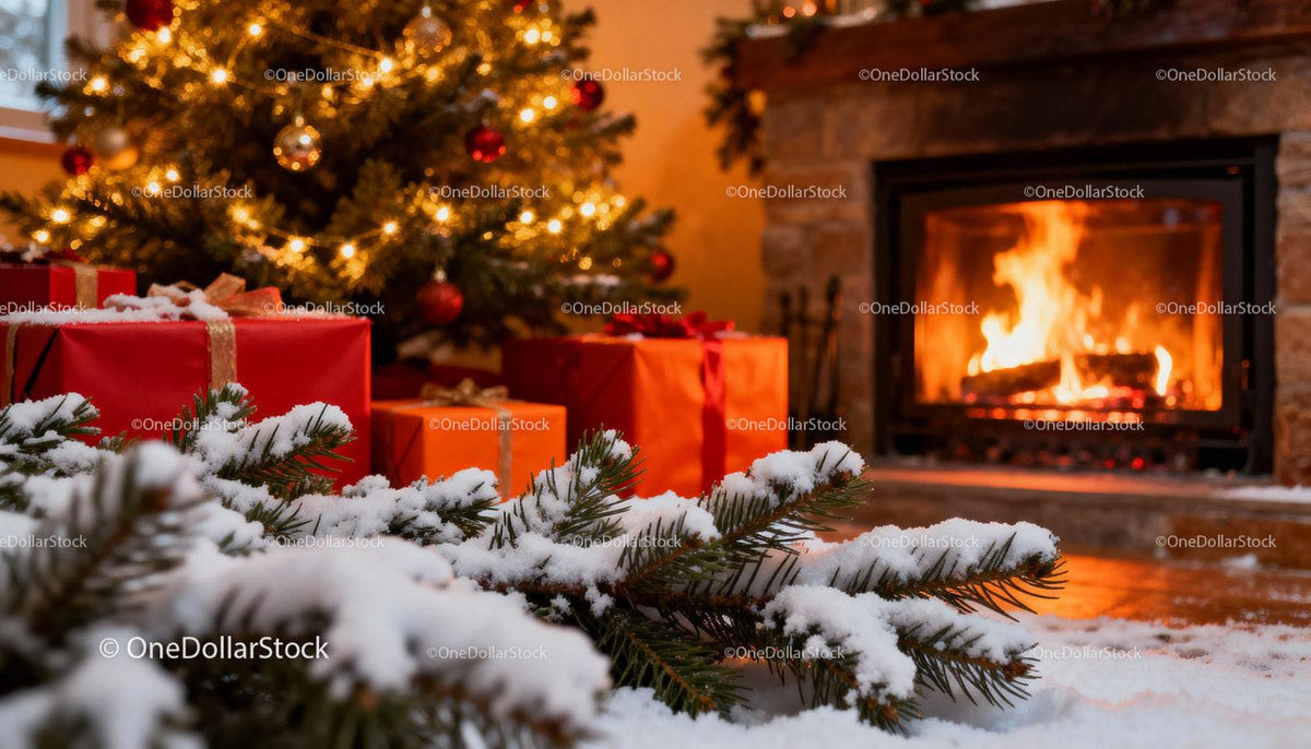 Cozy Christmas Setting With Snowy Pine and Warm Fireplace