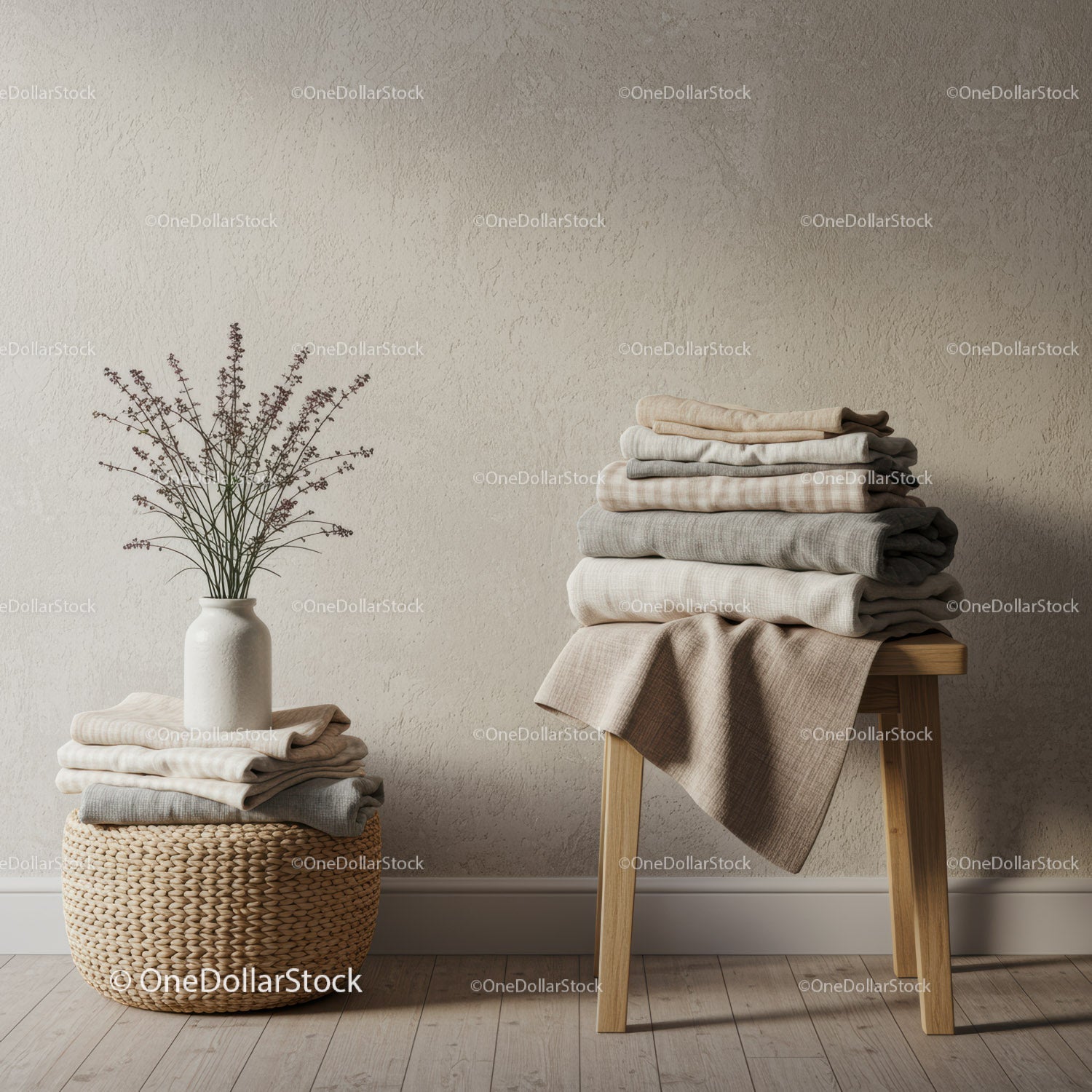 Neatly Folded Linen Towels in Minimalist Room Setting