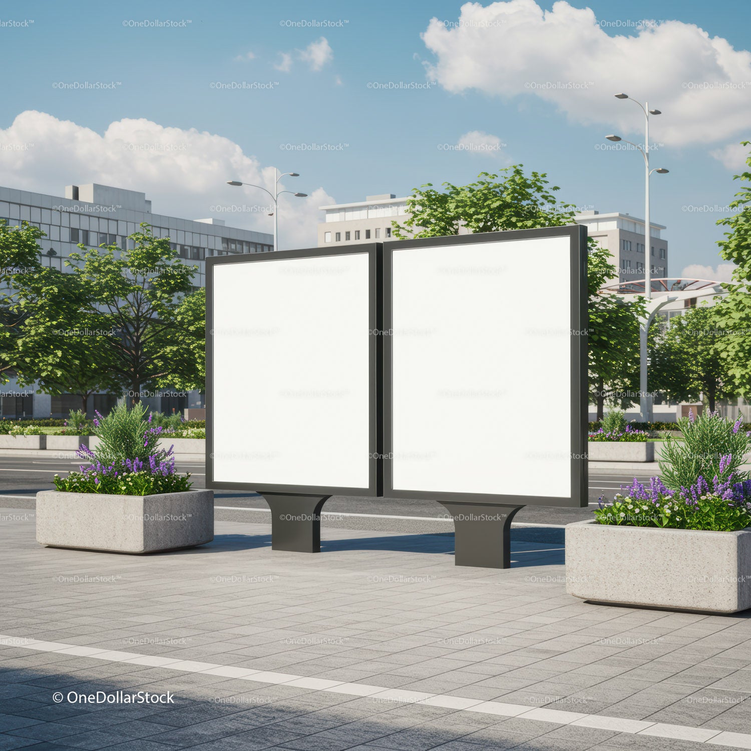 Double blank outdoor advertising billboards in city plaza