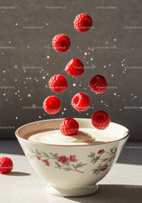Fresh raspberries falling into creamy yogurt bowl