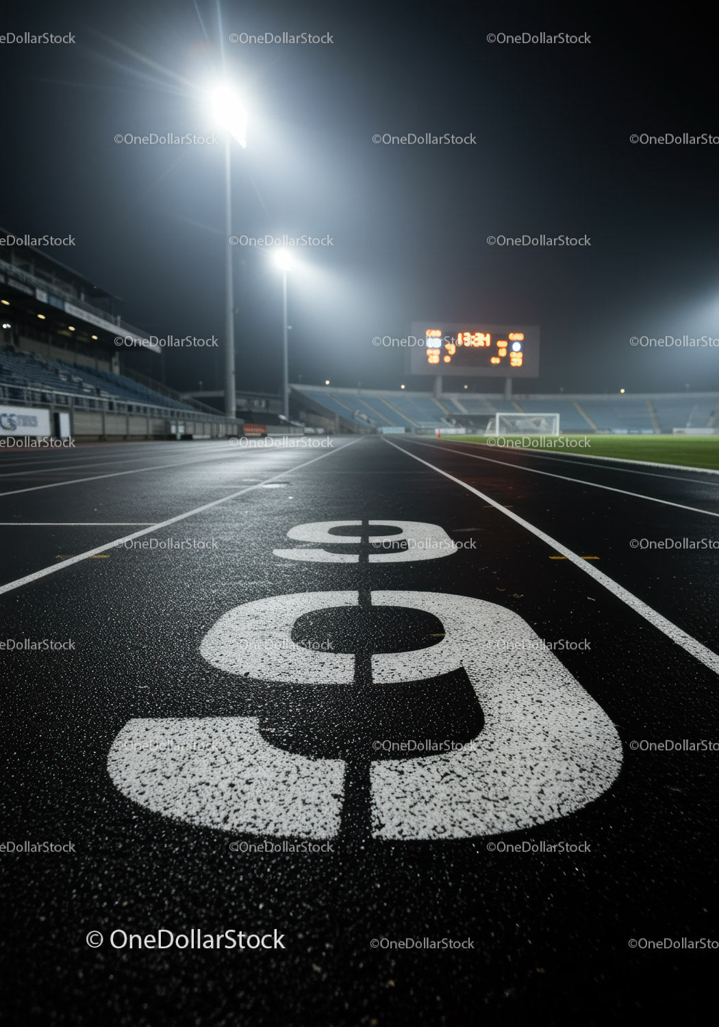 Empty Running Track at Night under Stadium Lights