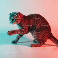 Playful Grey Tabby Cat in a Dynamic Pose with Striped Fur