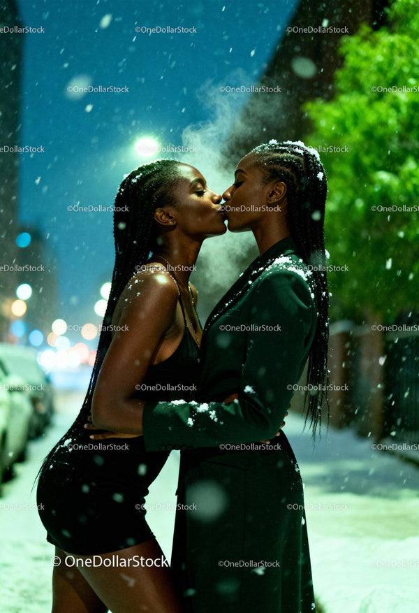 Couple sharing a tender kiss on snowy night street