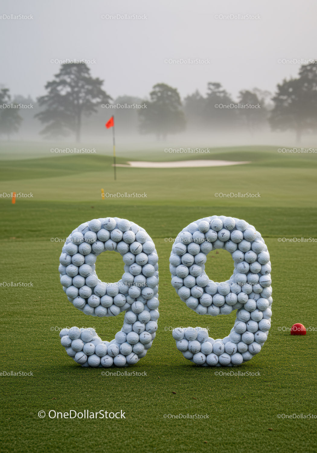 Number 99 formed with golf balls on misty course