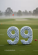 Number 99 formed with golf balls on misty course