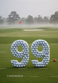 Number 99 formed with golf balls on misty course