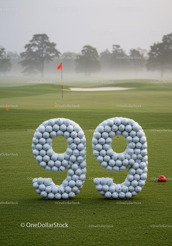 Number 99 formed with golf balls on misty course