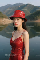 Elegant Young Woman in Red Satin Dress with Mountain Lake Background