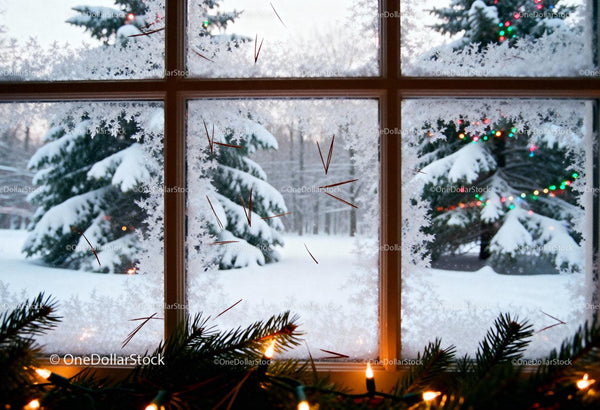 Frosty Window View on Snowy Pines with Holiday Lights