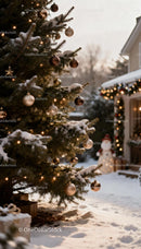 Snowy Christmas tree with lights and outdoor decorations
