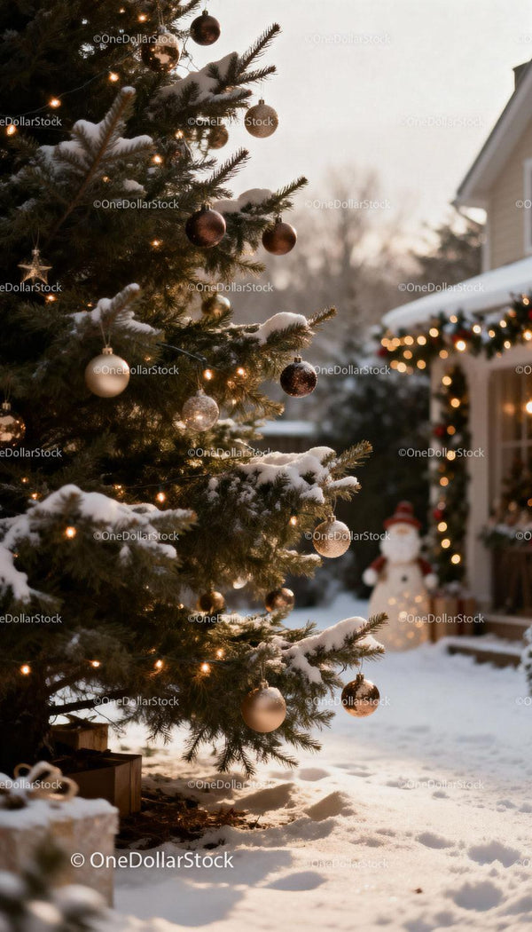 Snowy Christmas tree with lights and outdoor decorations