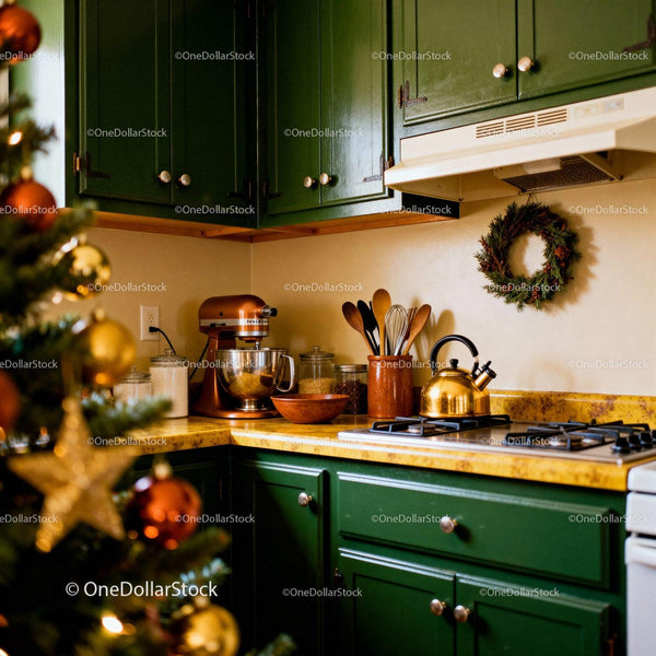 Cozy kitchen corner with Christmas decor and green cabinets
