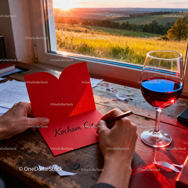 Writing a Romantic Valentine Card by Sunset Window