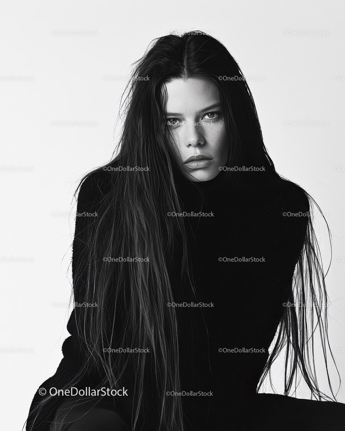 Moody Black and White Portrait of a Woman with Wet Hair and Intense Gaze