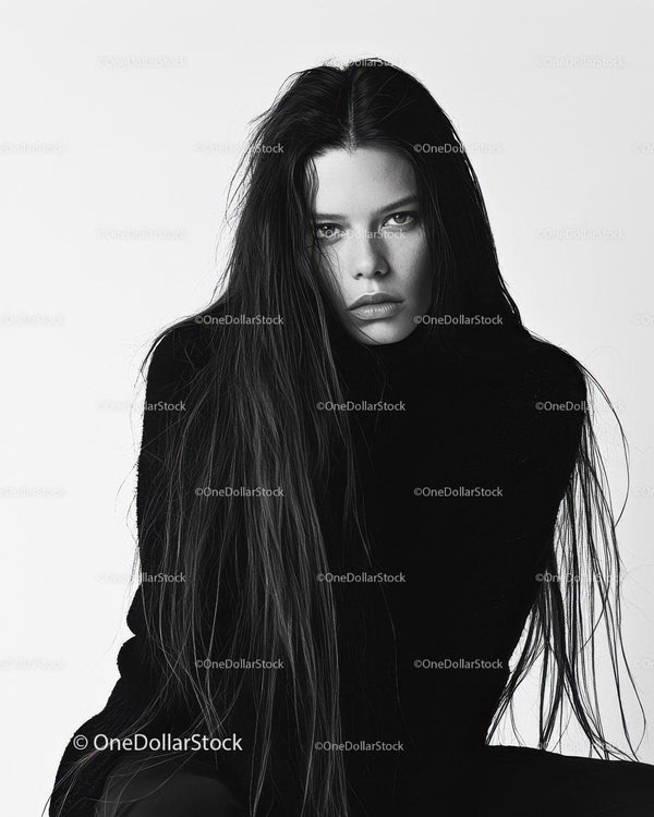 Moody Black and White Portrait of a Woman with Wet Hair and Intense Gaze