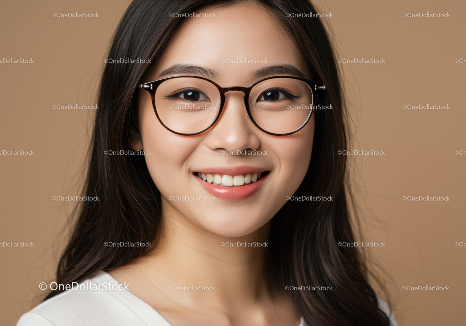 Young Woman Wearing Eyeglasses with Bright Smile in Studio