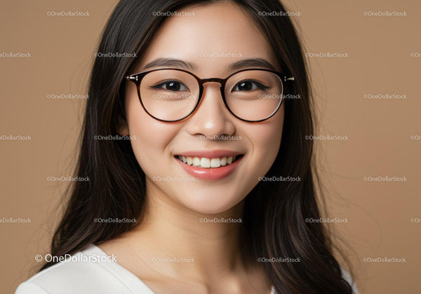 Young Woman Wearing Eyeglasses with Bright Smile in Studio