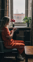 Young Woman Sitting by Large Window with Houseplants and City View