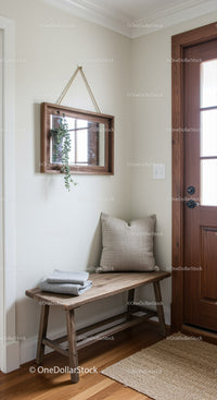 Cozy Entryway with Wooden Bench and Wall Mirror in Warm Home Atmosphere