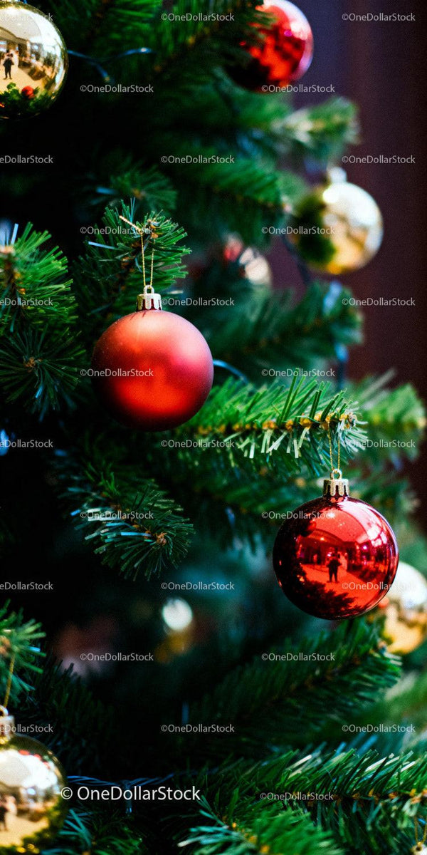 Close Up of Red and Gold Baubles on Christmas Tree