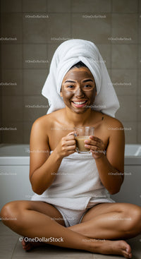 Young Woman Relaxing with Face Mask and Coffee at Home